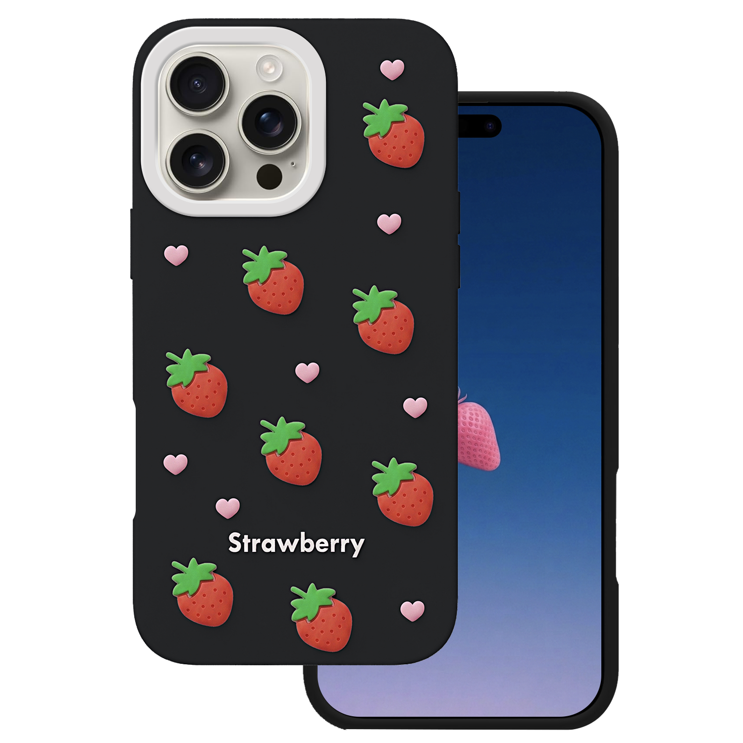 Braškių dėklas, skirtas iPhone 16 Pro Max 6,9", juodas