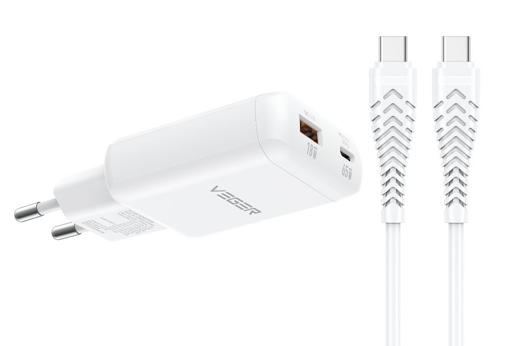 Telefono įkroviklis USB A + Type C PD 65 W + duomenų perdavimo kabelis Type C į C 100 W VEGER TR122, baltas