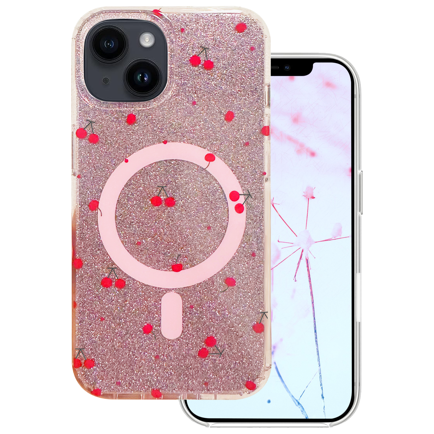 Cherry Mag dėklas skirtas iPhone 15 6,1" su blizgučiais