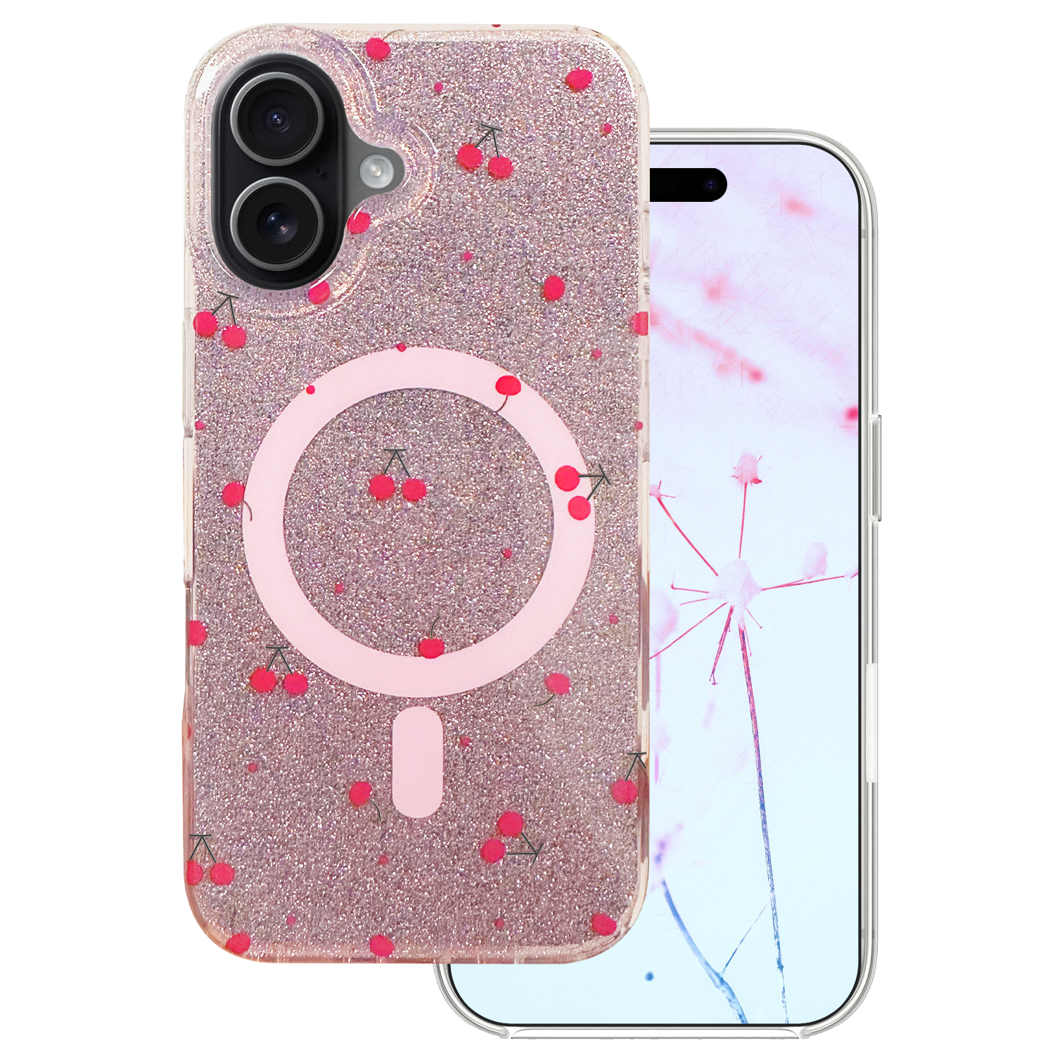 Cherry Mag dėklas skirtas iPhone 17 6,3'' su blizgučiais