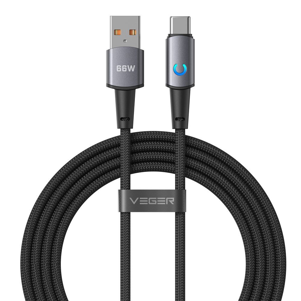 Kabelis su šviesos diodiniu indikatoriumi, USB A į Type C, VEGER PD 3A 66W AC1-ZSD, 1,2 m, juodas