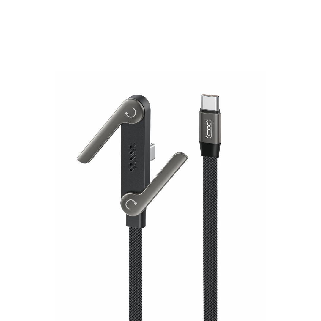 XO NB-Q311 PD USB-C–USB-C laidas, 1,5m, 240W, juodas, plokščias, su stovu