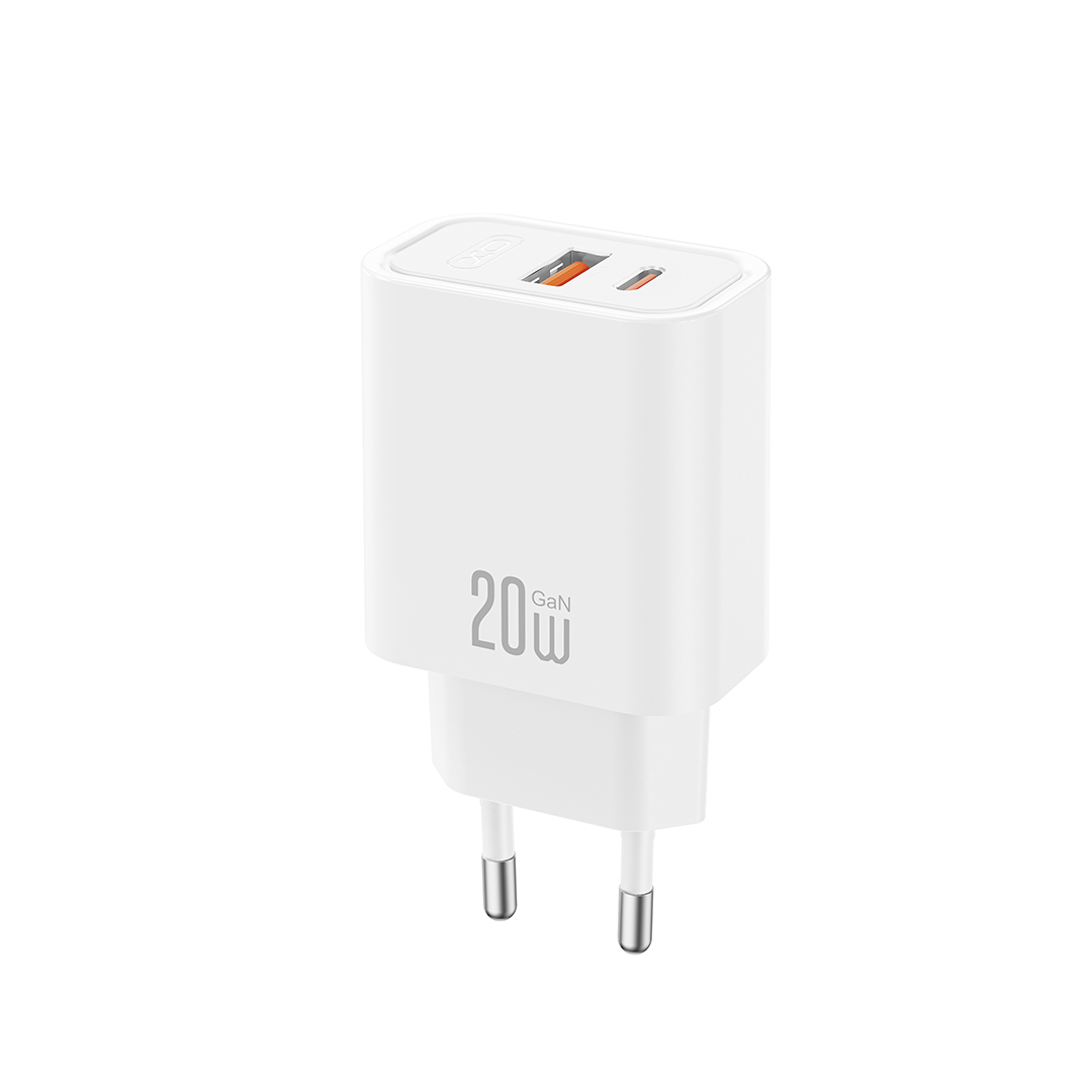 XO CE40 PD 20W sieninis įkroviklis, 1x USB-C, 1x USB, baltas