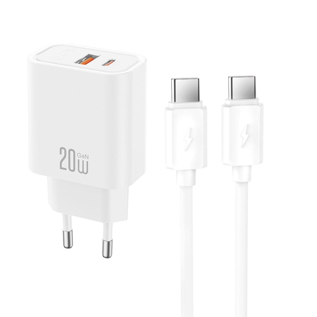 XO CE40 PD 20W sieninis įkroviklis, 1x USB-C, 1x USB, baltas + USB-C–USB-C laidas