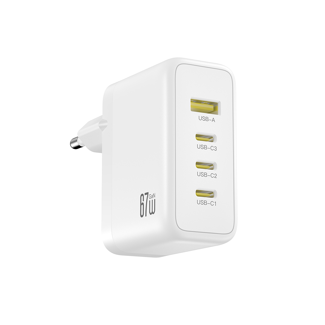 XO CE39 PD 67W sieninis įkroviklis, 3x USB-C, 1x USB, baltas