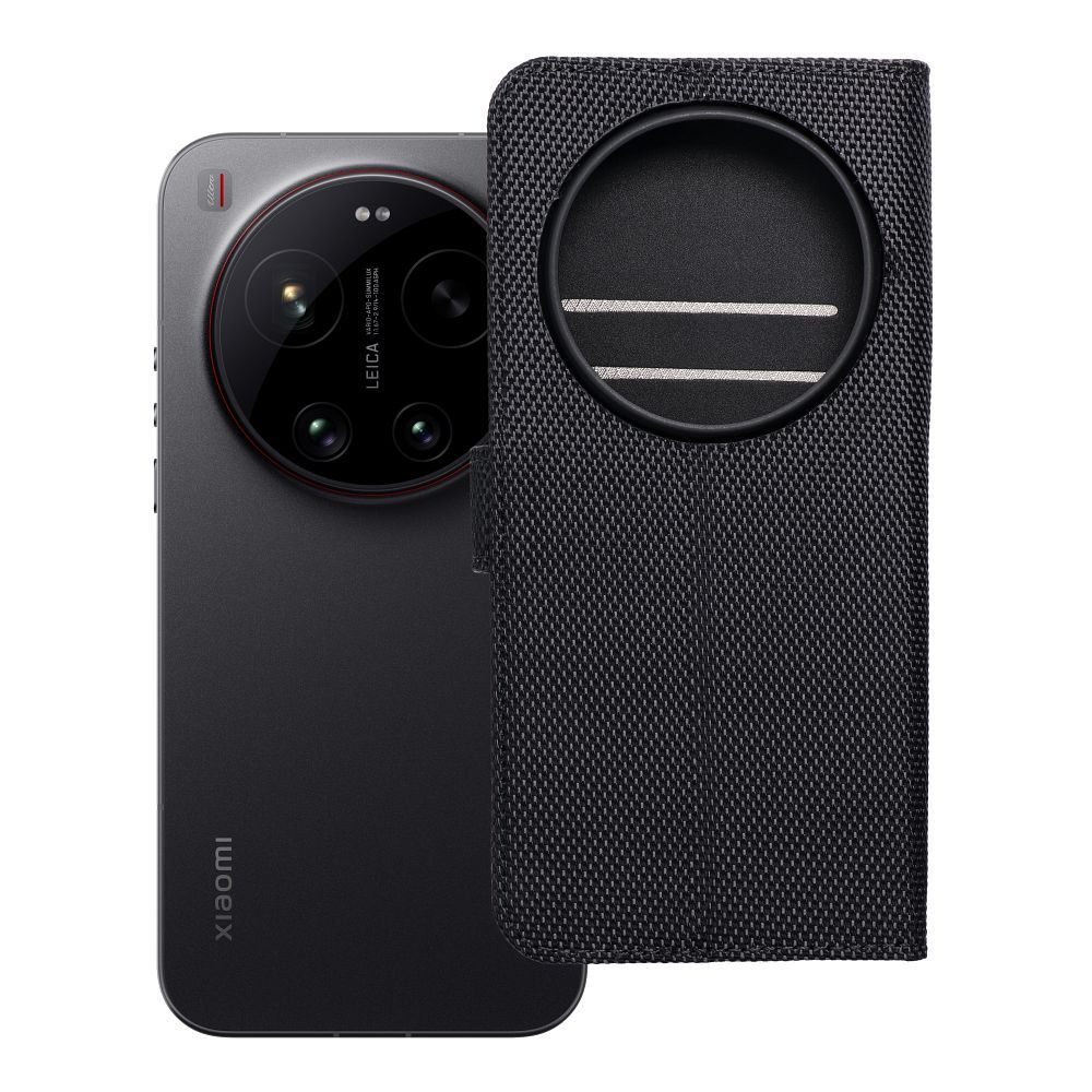 Atverčiamas 4Card RFID dėklas Xiaomi 17 ULTRA su apsauga nuo vagysčių, iš technologinio audinio, juodas