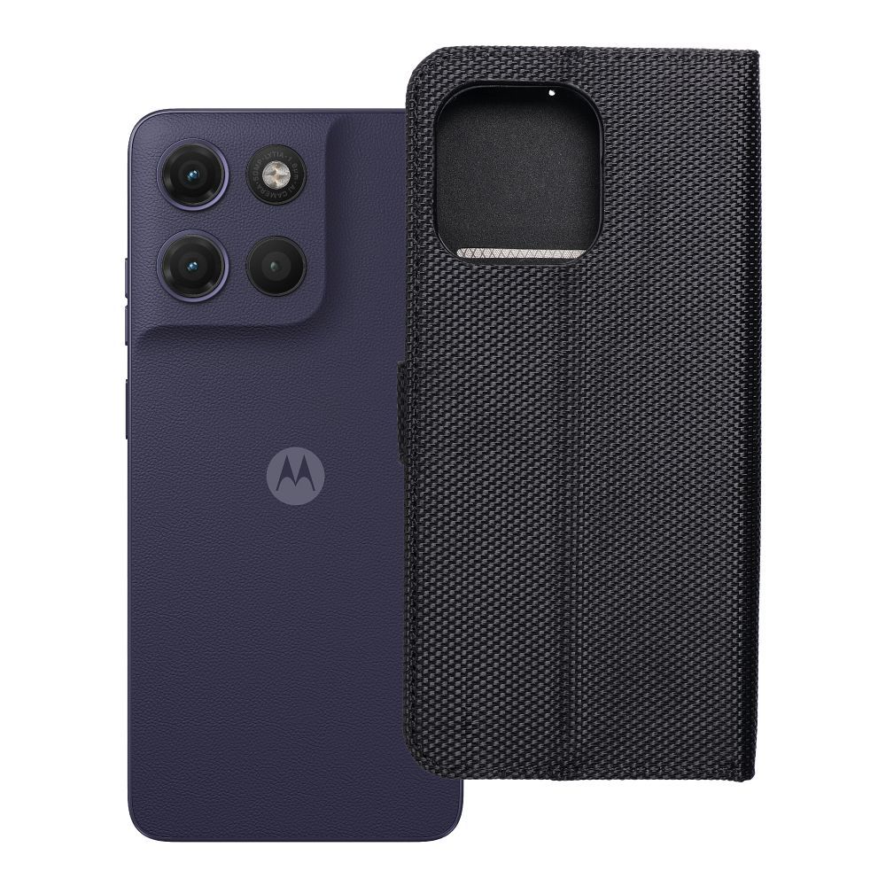 Atverčiamas 4Card RFID dėklas Motorola G17 su apsauga nuo vagysčių, iš technologinio audinio, juodas