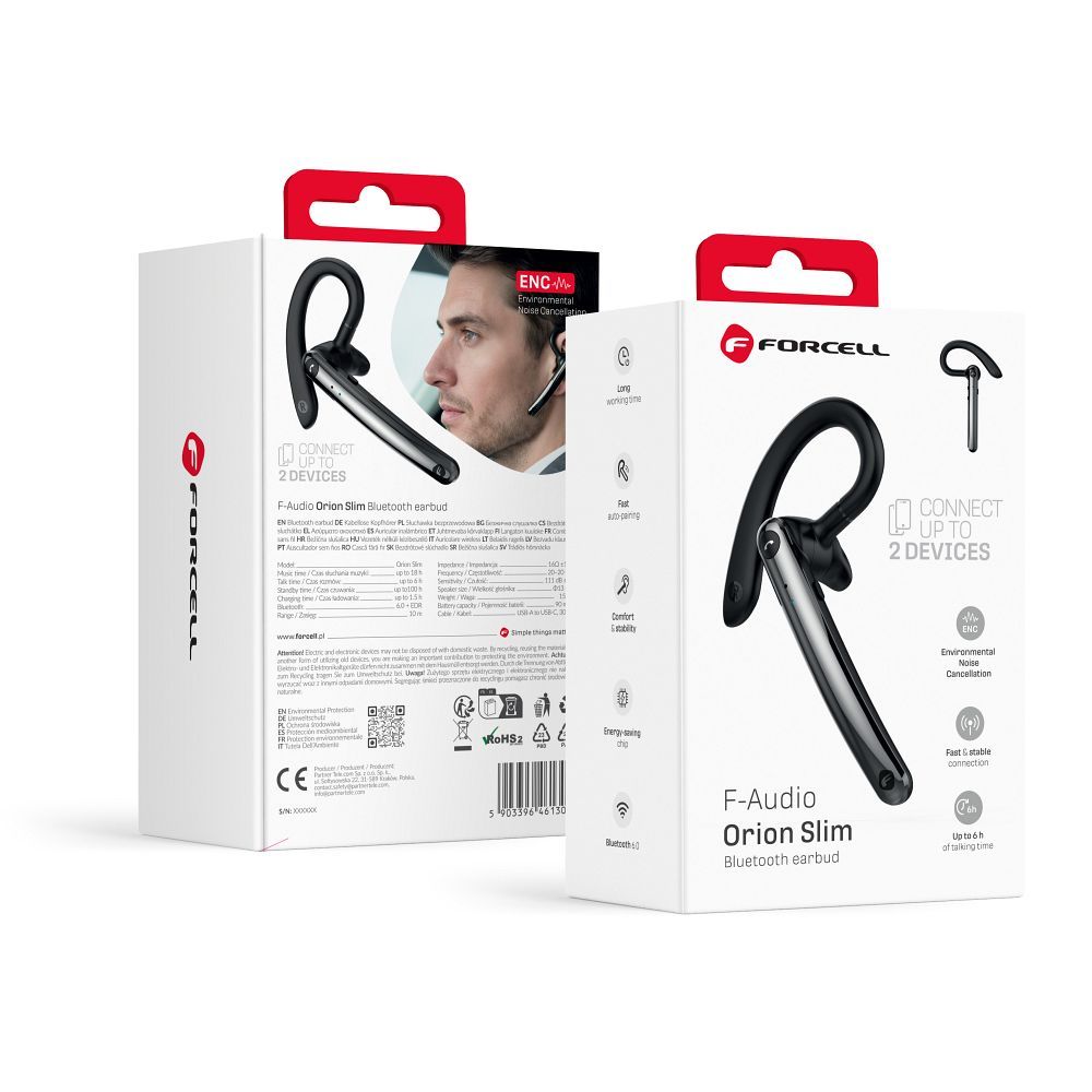Belaidė laisvų rankų įranga Forcell (ENC, Multipoint, BT 6.0 + EDR, 90mah) Orion Slim