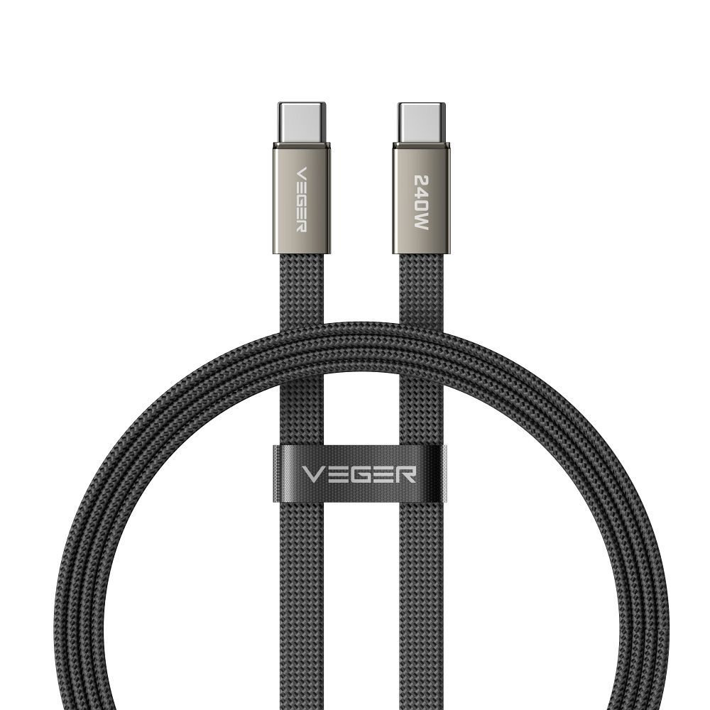 Plokščias kabelis „C“ tipo į „C“ tipo „VEGER PD 5A 240W CC2-MTB“, 1,5 m, juodos spalvos