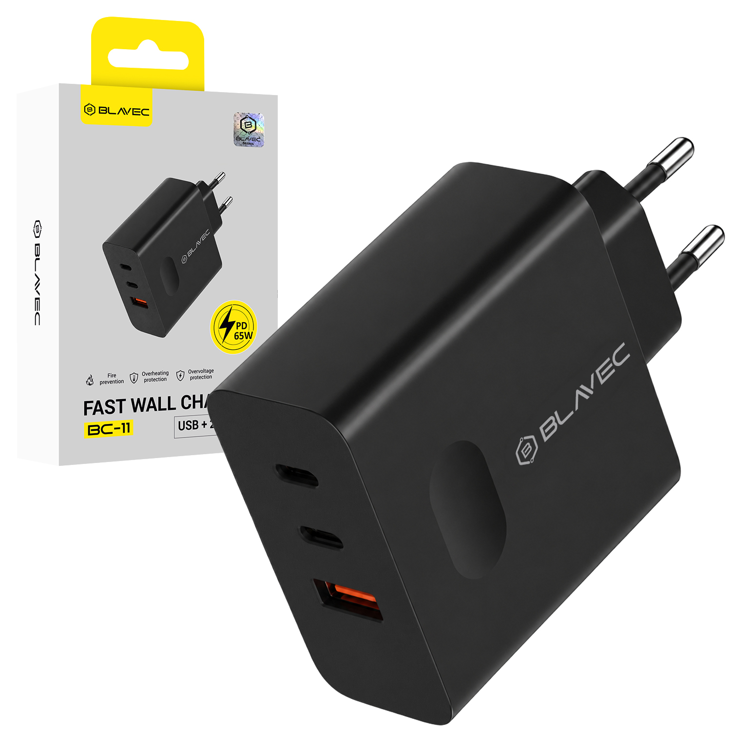 Blavec sieninis įkroviklis BC-11 GaN - USB + 2xType C - QC PD 65W 3A (TCBC11G-U2CB653A) juodas