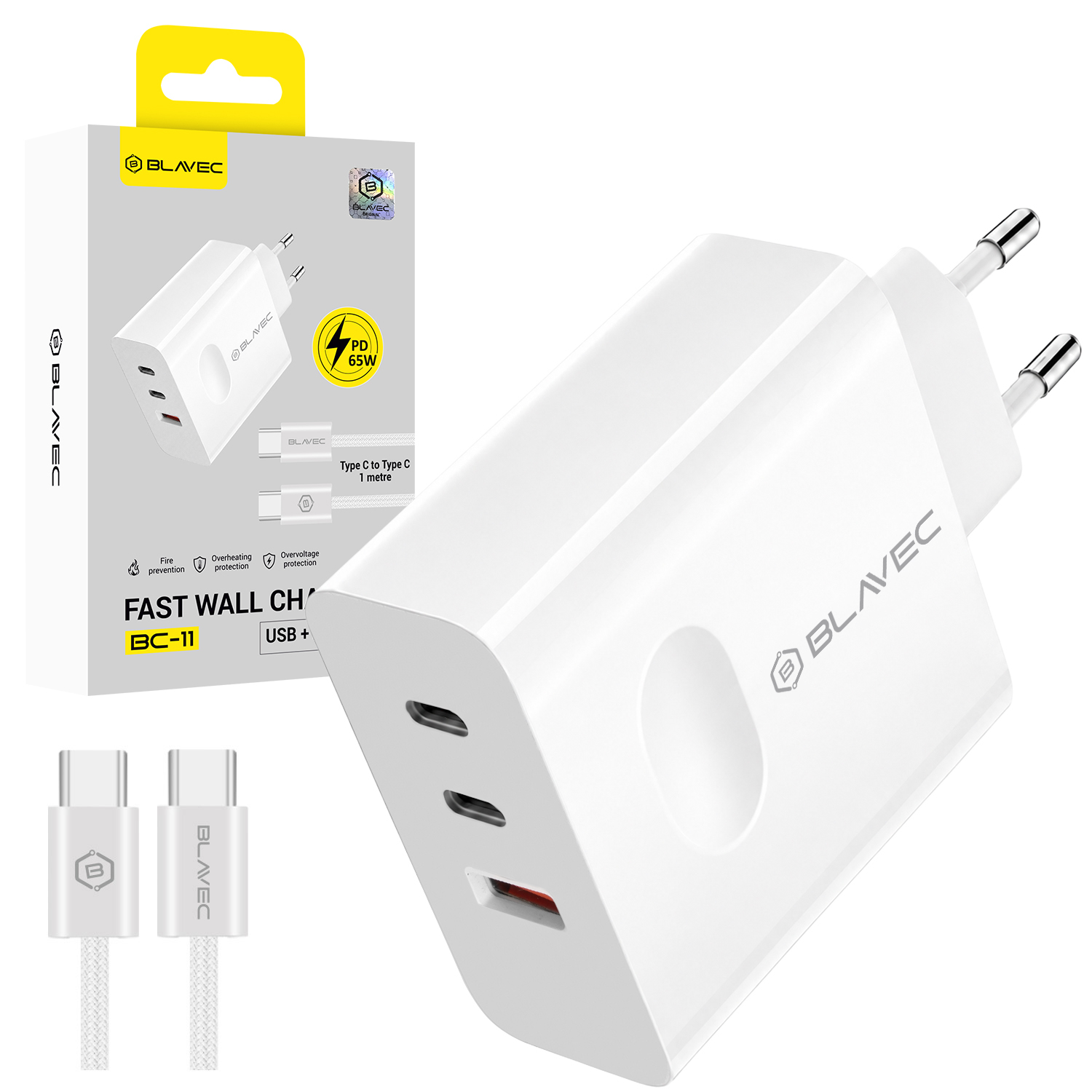 Blavec sieninis įkroviklis BC-11 GaN - USB + 2xType C - QC PD 65W 3A su Type C į Type C laidu (TCBC11G-U2CW653A) baltas