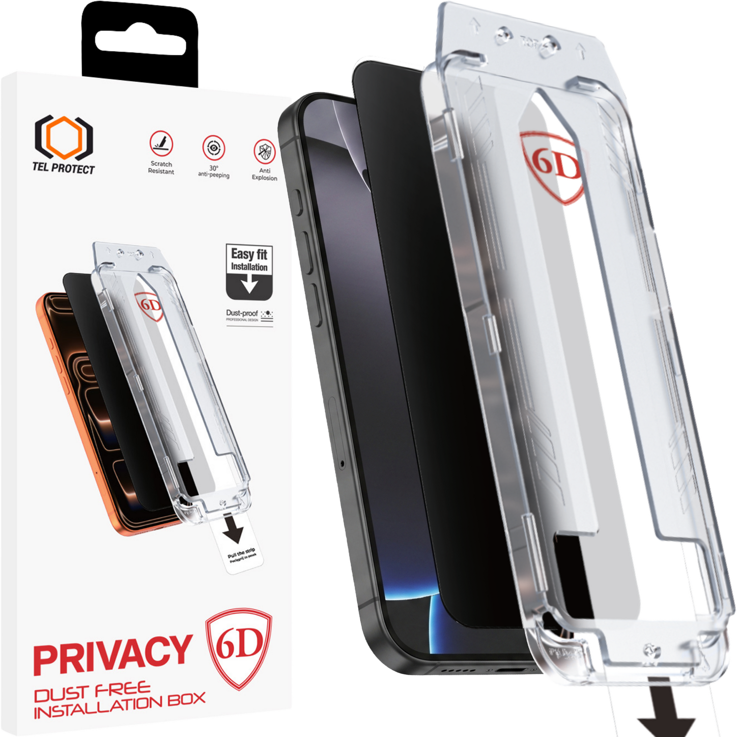 Tel Protect Dust-Free Easy Fit Privacy Full Glue 6D grūdintas stiklas skirtas Iphone 15 juodas