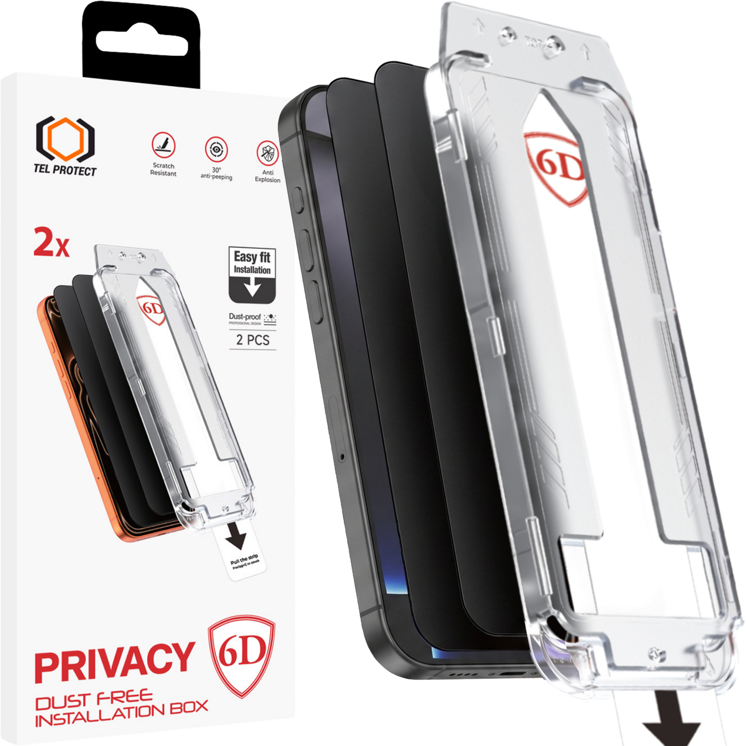 Tel Protect Dust-Free Easy Fit Privacy Full Glue 6D grūdintas stiklas skirtas Iphone 15 Pro juodas - 2 vnt.