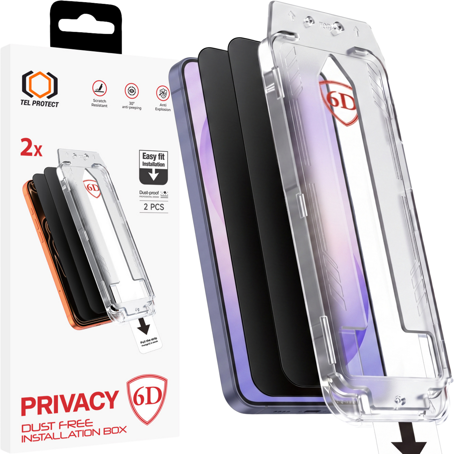 Tel Protect Dust-Free Easy Fit Privacy Full Glue 6D grūdintas stiklas skirtas Samsung Galaxy S26 Plus juodas (su piršto atspaudo atrakinimu) - 2 vnt.