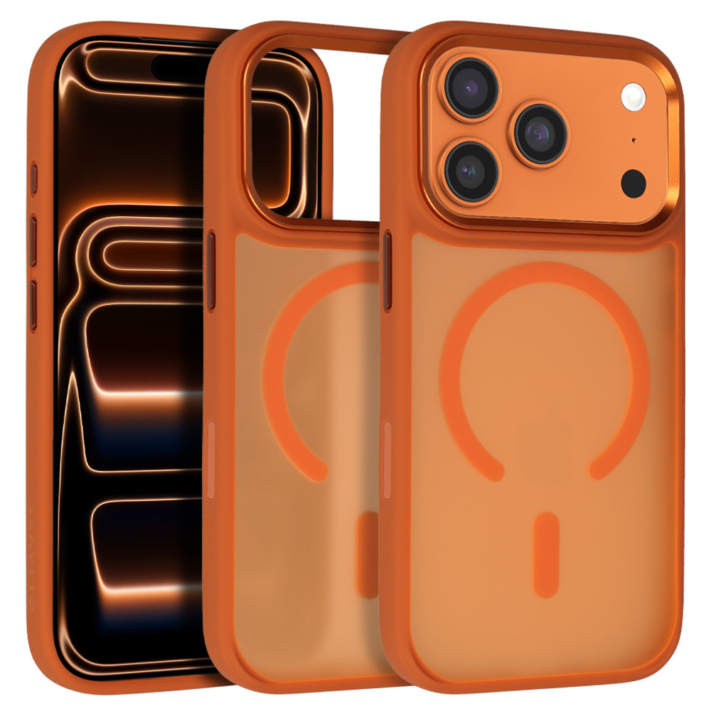 Liavec Cloudy dėklas su metaliniu kameros rėmeliu, skirtas Iphone 17 Pro oranžinis (kameros valdymo mygtukas)