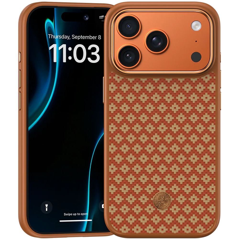 Benks Magnetic Armor Pro Armor Grid Kevlar dėklas su metaliniu rėmeliu 600D (C.K.FL.AP.GD.F070), skirtas Iphone 17 Pro Max, oranžinis