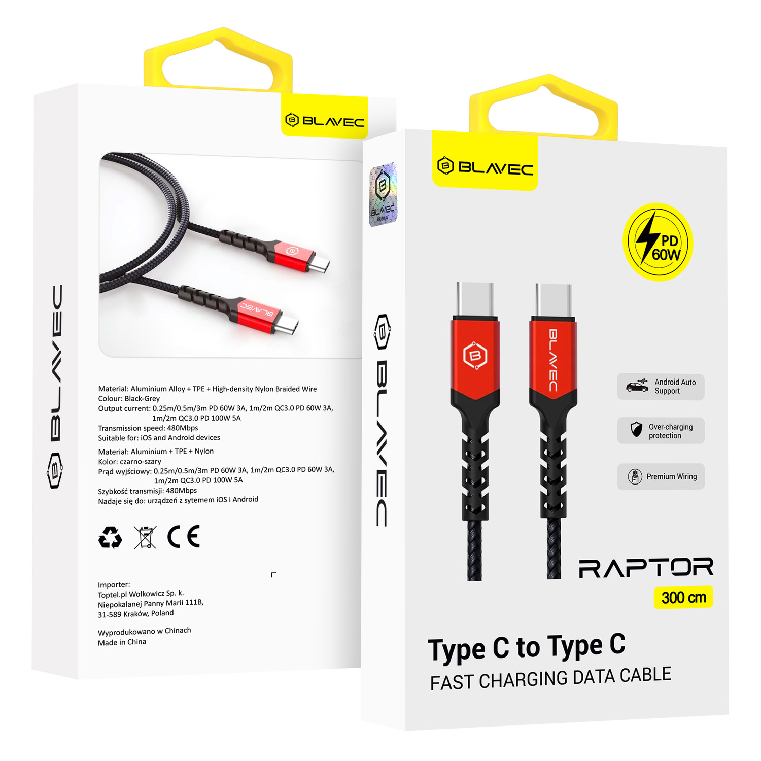 Blavec kabelis Raptor pintas - Type C į Type C - PD 60W 3A 3 metrai Apple CarPlay/Android Auto (CRA-CC3BR30) juodas-raudonas