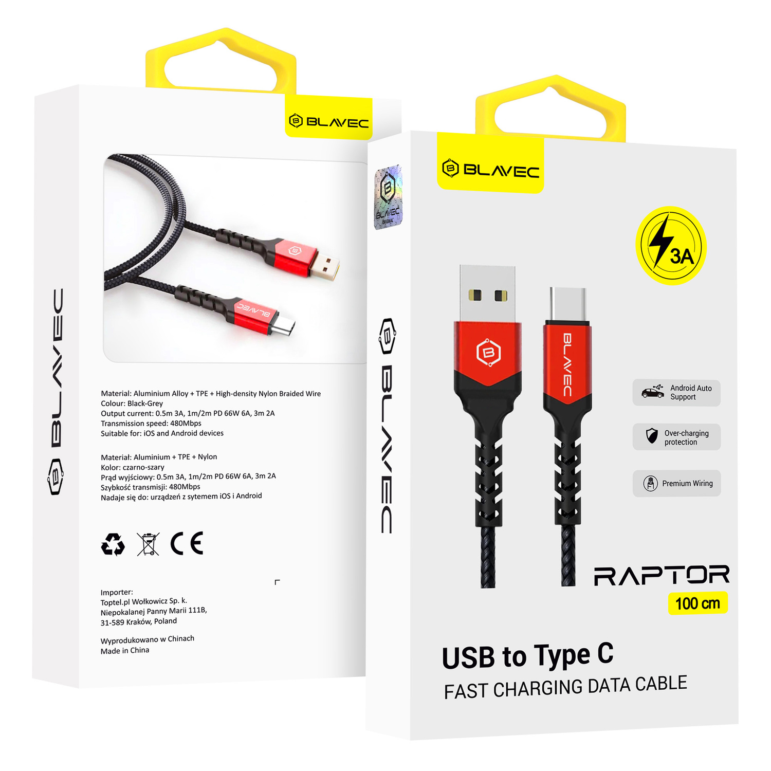 Blavec kabelis Raptor pintas - USB į Type C - 3A 1 metras Apple CarPlay/Android Auto (CRA-UC3BR10) juodas-raudonas