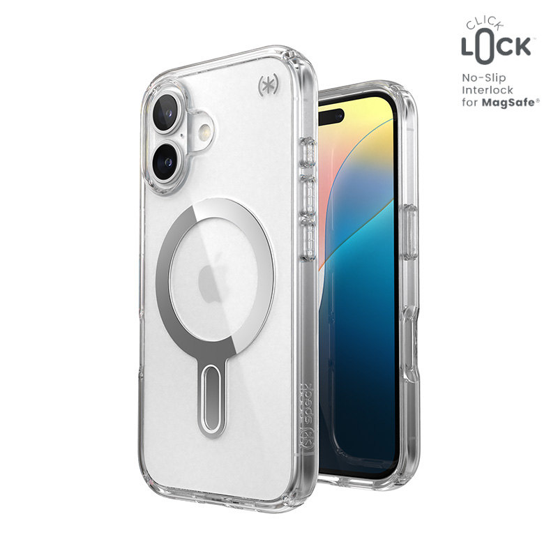 Speck Presidio Perfect-Clear dėklas su MagSafe ir ClickLock, skirtas iPhone 16, „Clear/Chrome“