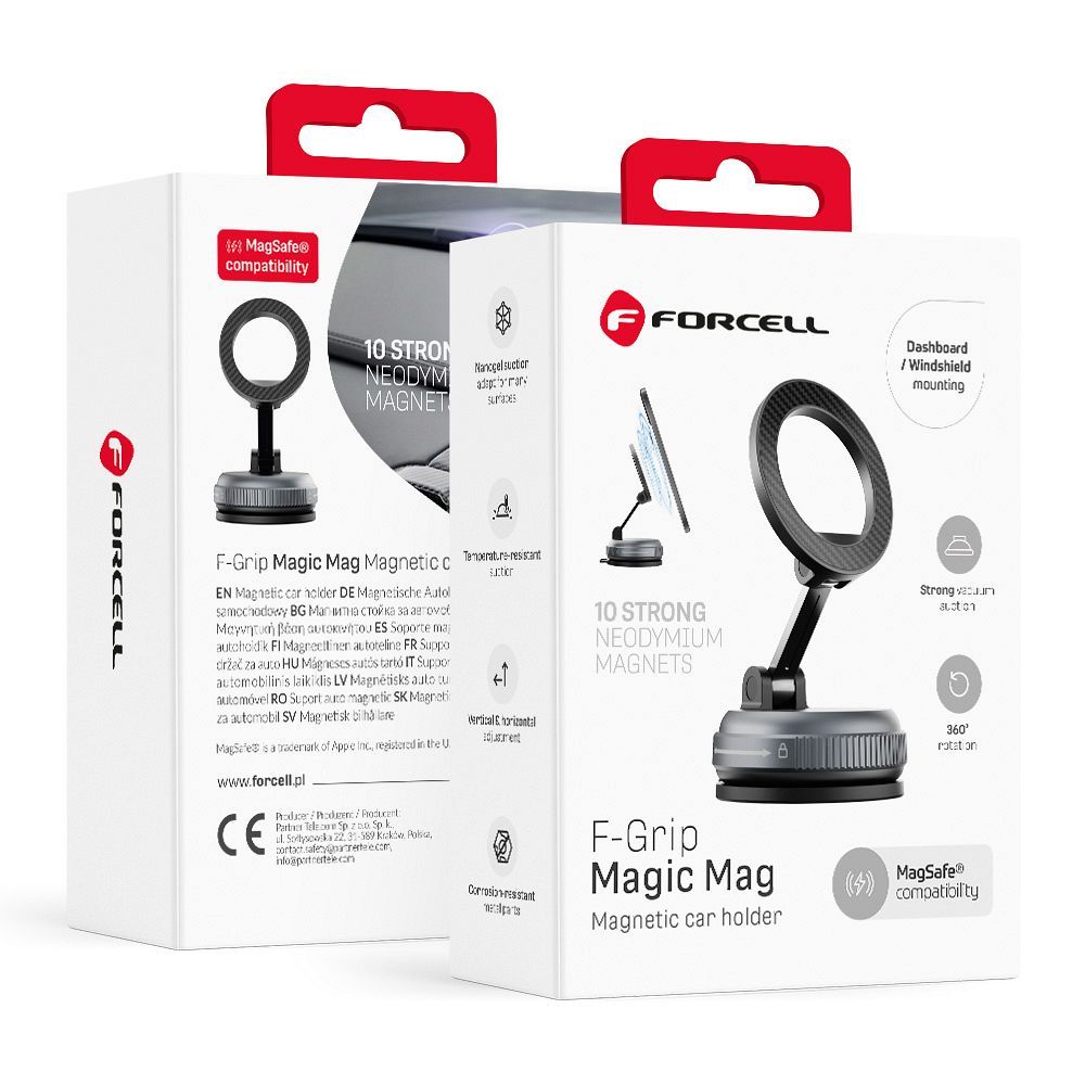 Магнитный автомобильный держатель Forcell F-Grip Magic Mag с присоской, совместимый с MagSafe, — чёрный