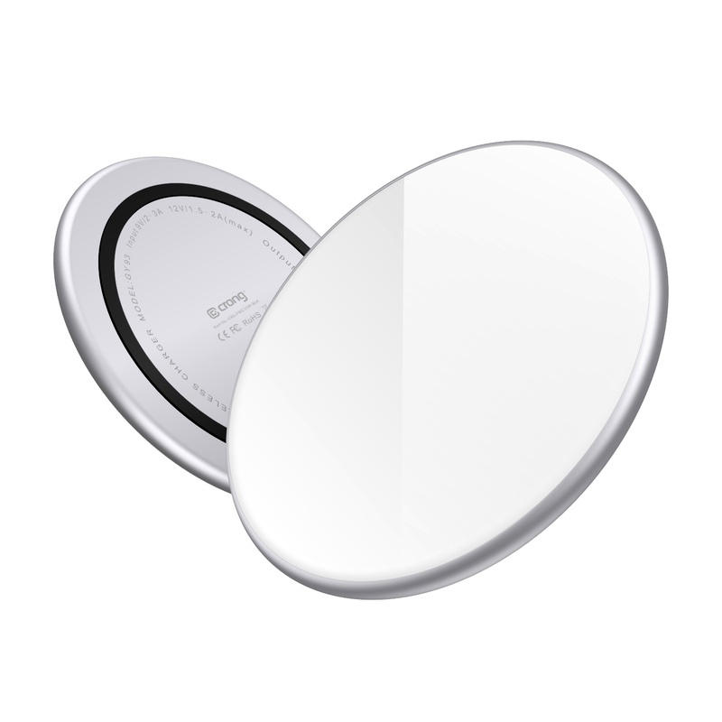 Crong PowerSpot Qi 15 W USB-C belaidis įkroviklis su grūdinto stiklo danga, sidabro spalvos ir baltas
