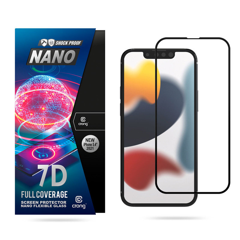 Crong 7D Nano Flexible Glass 9H visą ekraną dengiantis hibridinis apsauginis stiklas, skirtas iPhone 13 Mini