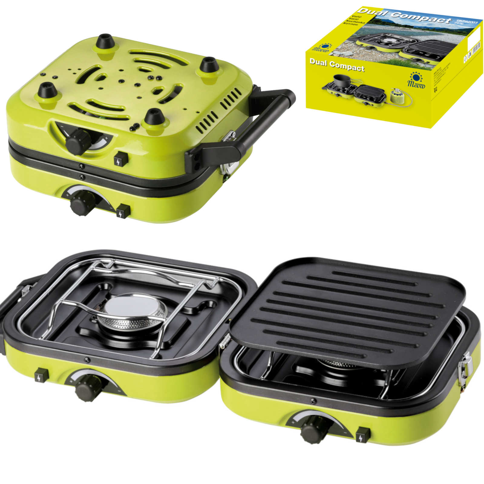 Meva DUAL COMPACT + GRILL turistinė dujinė viryklė, skirta dujų kasetėms, sulankstomas 2 degiklių modelis su kepimo plokšte