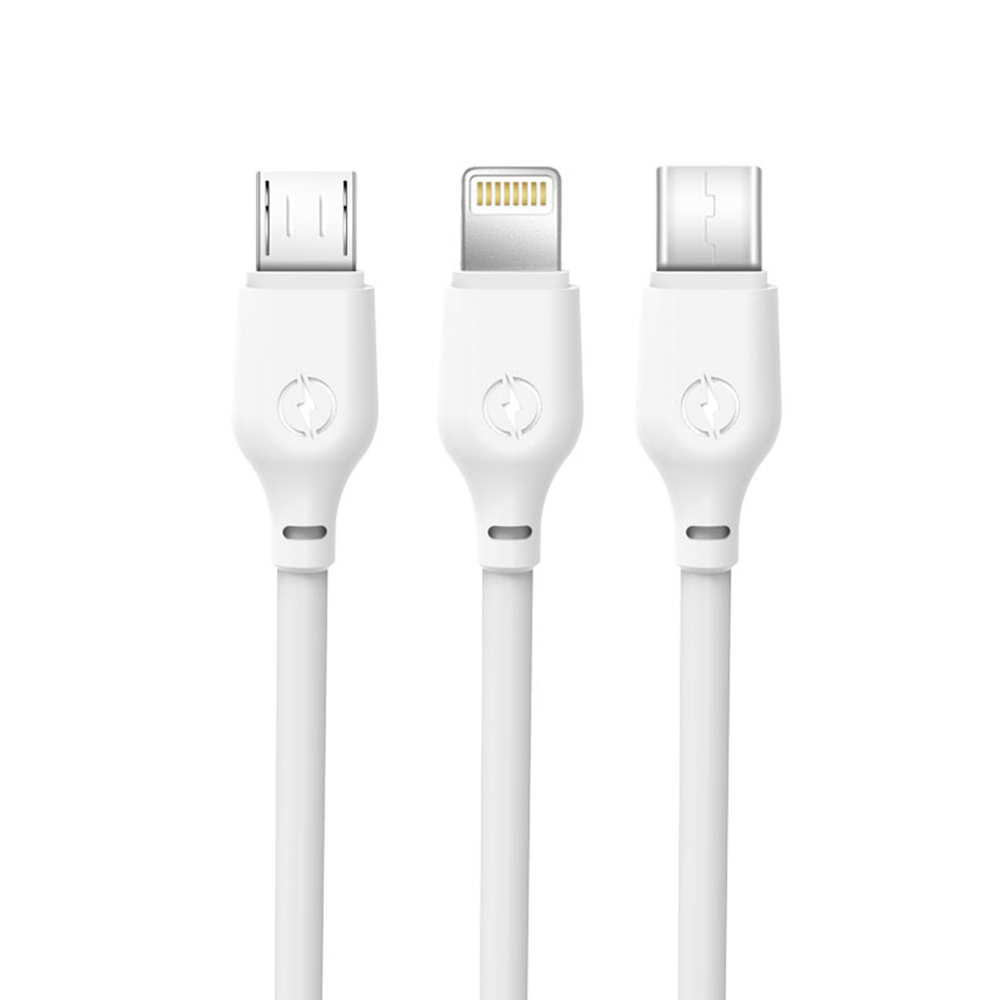 XO NB103 USB-A laidas „3 viename“ su Lightning, USB-C ir Micro-USB jungtimis, 1 m, 2,1 A – baltas