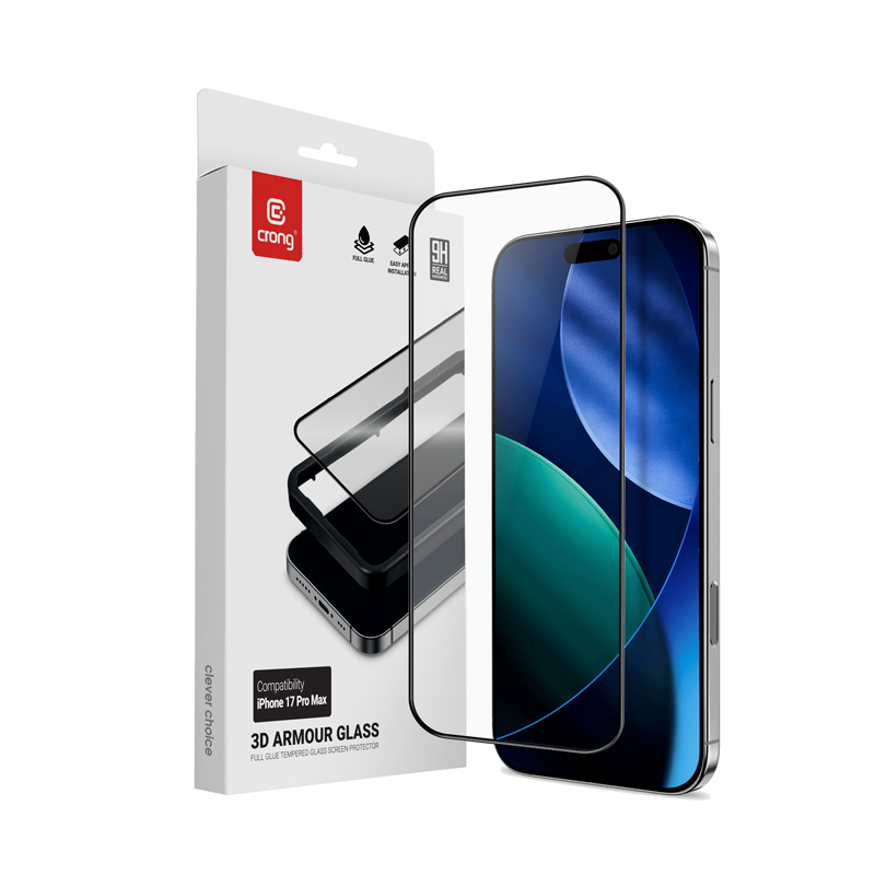 Crong 3D Armor Glass grūdintas apsauginis ekrano stiklas, skirtas iPhone 17 Pro Max, su montavimo rėmeliu