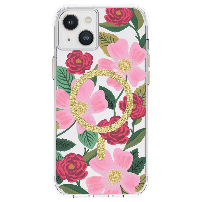 Rifle Paper Clear MagSafe dėklas, skirtas iPhone 14 Plus, su aukso spalvos dekoru, „Rose Garden“ rašto