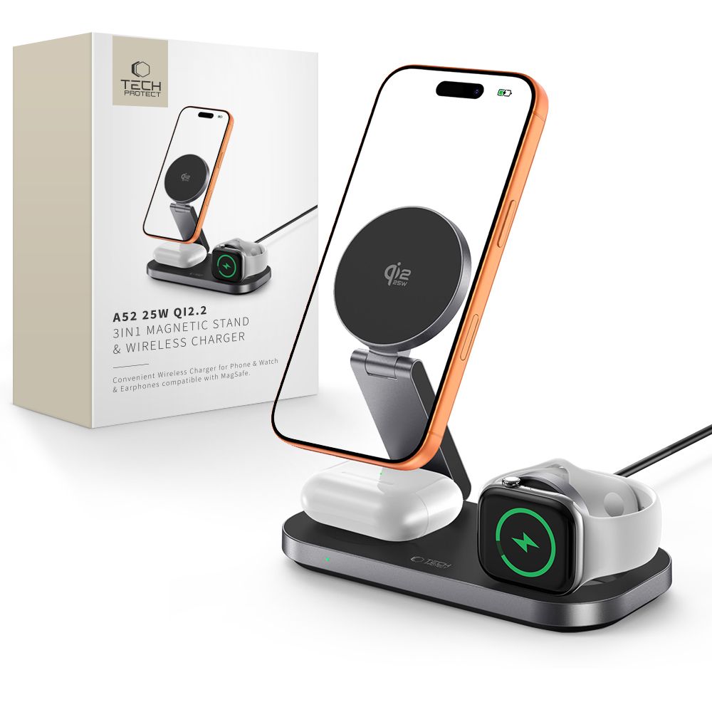 „Tech-Protect A52 MagSafe Qi2.2“ 25 W belaidė „3 viename“ įkrovimo stotelė – juoda
