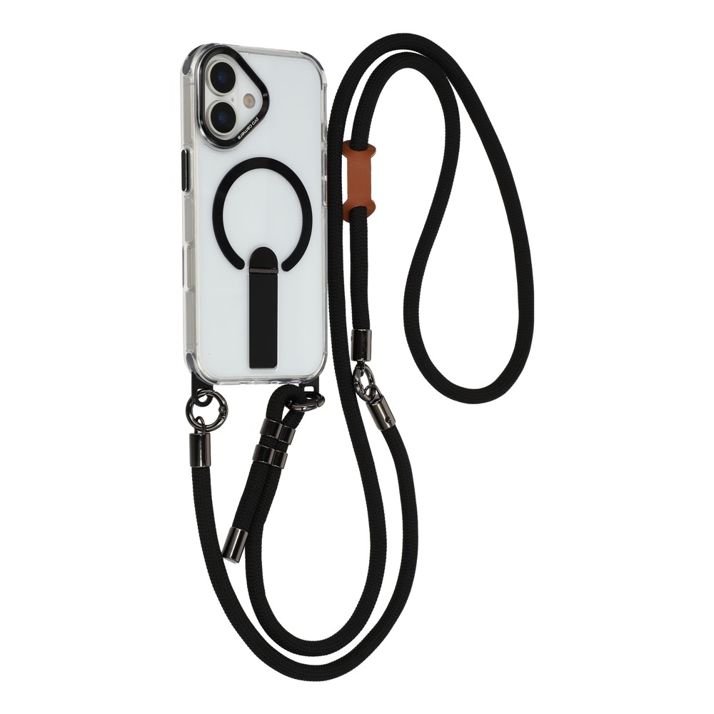 Hurtel dėklas su stovu, 30 cm rankiniu ir 120 cm pečių dirželiu, suderinamas su „MagSafe“, skirtas „iPhone 17“ – juodas