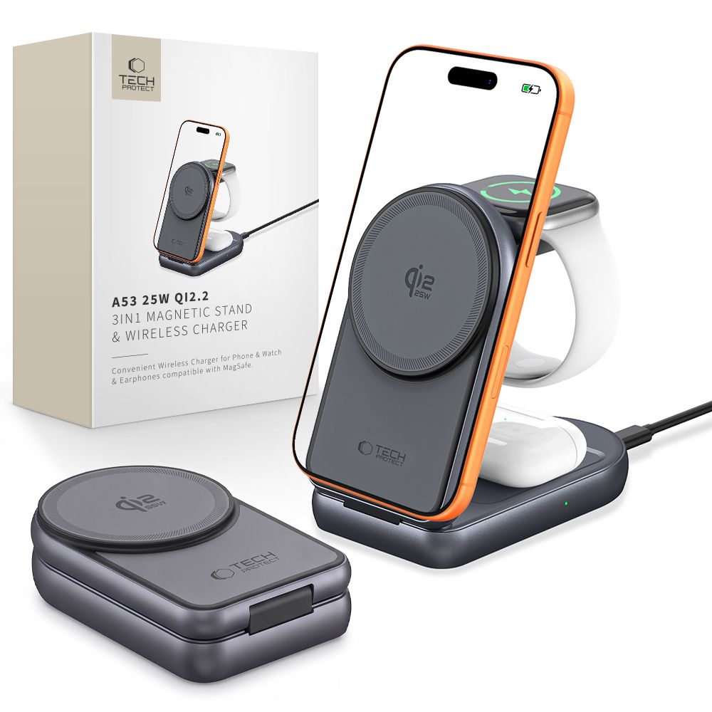 „Tech-Protect A53 MagSafe Qi2.2“ 25 W belaidė „3 viename“ įkrovimo stotelė – tamsiai pilka