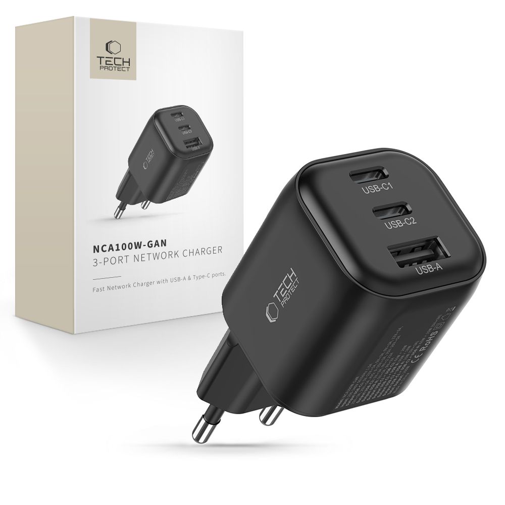 „Tech-Protect NCA100W-GaN“ 3 jungčių 100 W PD 3.2 / QC 3.0 maitinimo adapteris – juodas
