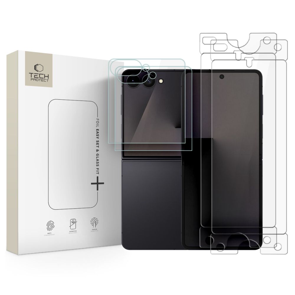 „Tech-Protect“ apsaugų rinkinys, skirtas „Samsung Galaxy Z Flip 7 / 8“: „Glass Fit+“ grūdintas stiklas, 2 vnt., ir „Hydro Flex+“ hidrogelio plėvelė, 2 vnt.