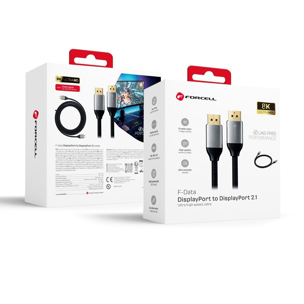 Forcell DisplayPort 2.1 laidas, 16K/60 Hz, 8K/120 Hz, 4K/240 Hz, HDR, Ethernet, G-SYNC / FreeSync, 80 Gb/s, 2 m – juodas