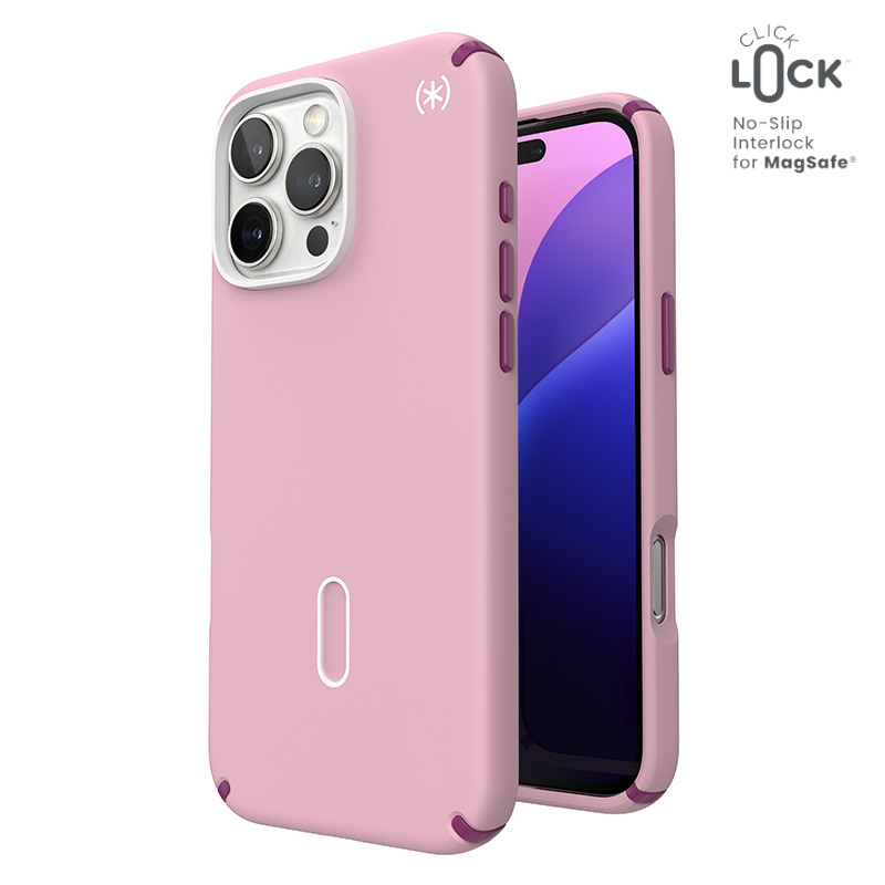 Speck Presidio2 Pro dėklas su MagSafe ir ClickLock, skirtas iPhone 16 Pro Max, „Wednesday Pink/Boysenberry Purple“