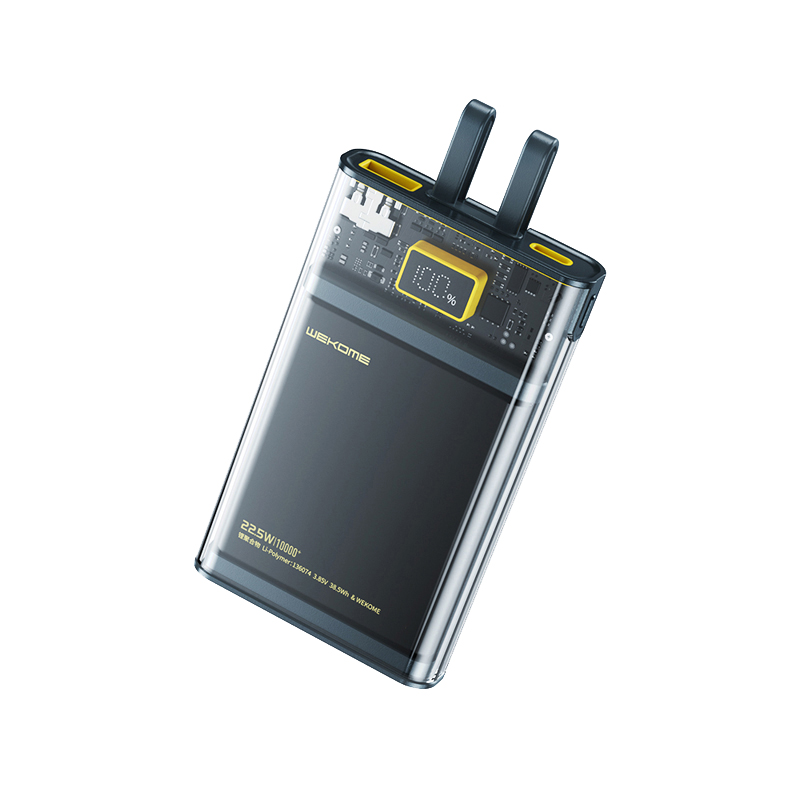 WEKOME WP-323 Vanguard Series išorinė baterija, 10000 mAh, PD 20 W + QC 22,5 W, su integruotais USB-C ir Lightning laidais, juoda ir skaidri