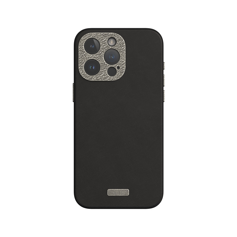 Moshi Napa MagSafe aukštos kokybės veganiškos odos dėklas, skirtas iPhone 15 Pro Max, „Midnight Black“ spalvos