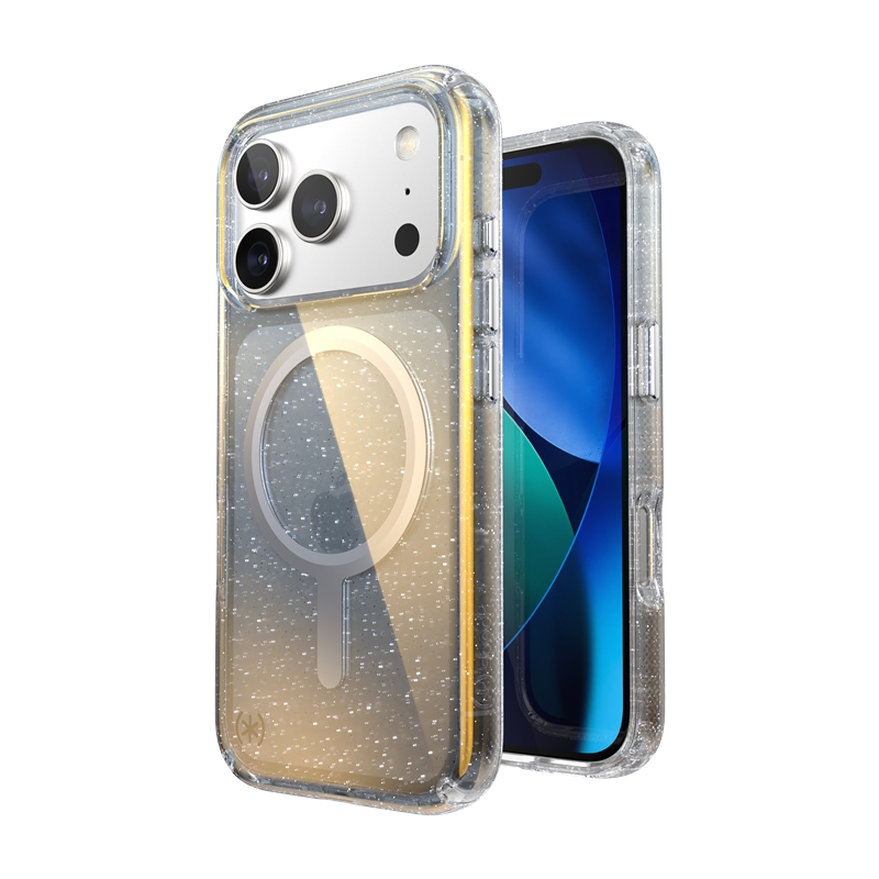 Speck Presidio Lux MagSafe dėklas, skirtas iPhone 17 Pro, „Hyper Mirror Glitter / Silver Metallic“ spalvos