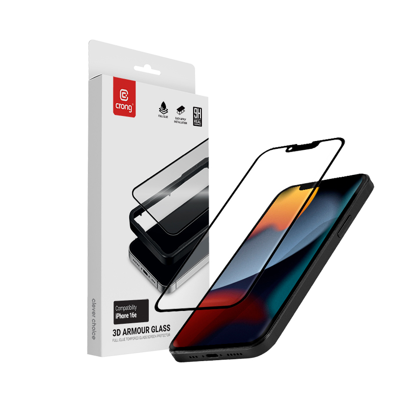 Crong 3D Armor Glass grūdintas apsauginis ekrano stiklas, skirtas iPhone 17e / 16e / 14 / 13 / 13 Pro, su montavimo rėmeliu