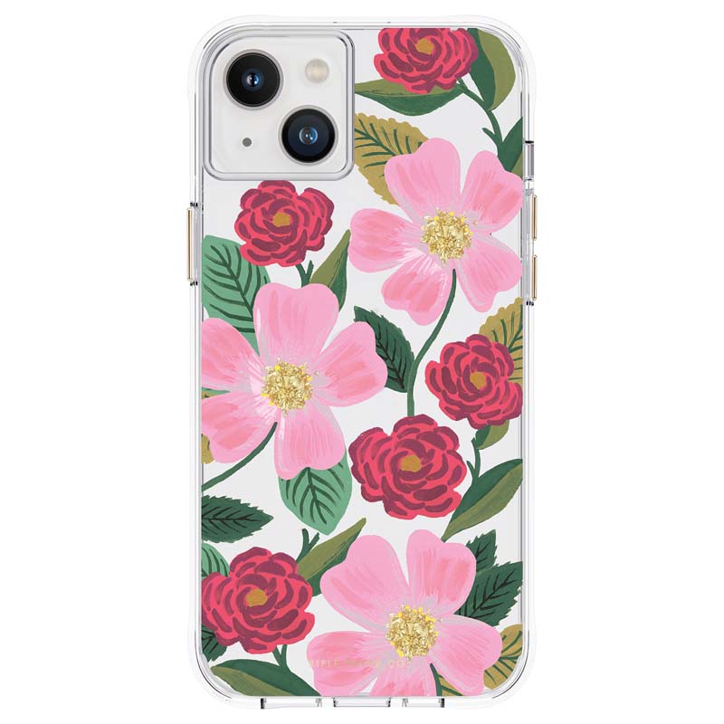 Rifle Paper Clear dėklas, skirtas iPhone 14 Plus, su aukso spalvos dekoru, „Rose Garden“ rašto