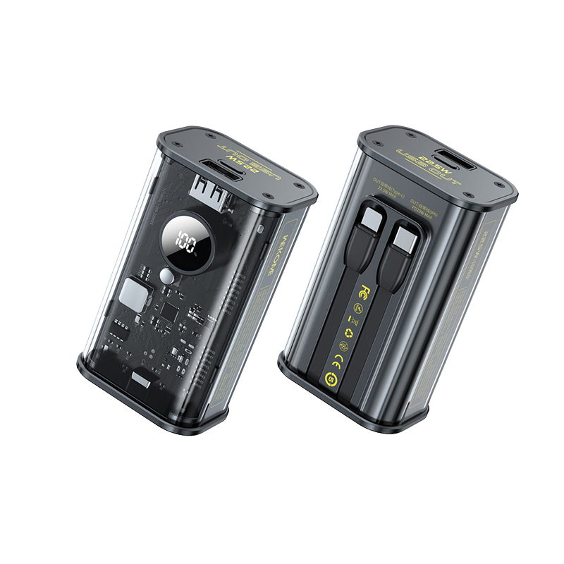 WEKOME WP-345 Vanguard Series išorinė baterija, 10000 mAh, PD 20 W + QC 22,5 W, su integruotais USB-C ir Lightning laidais, juoda