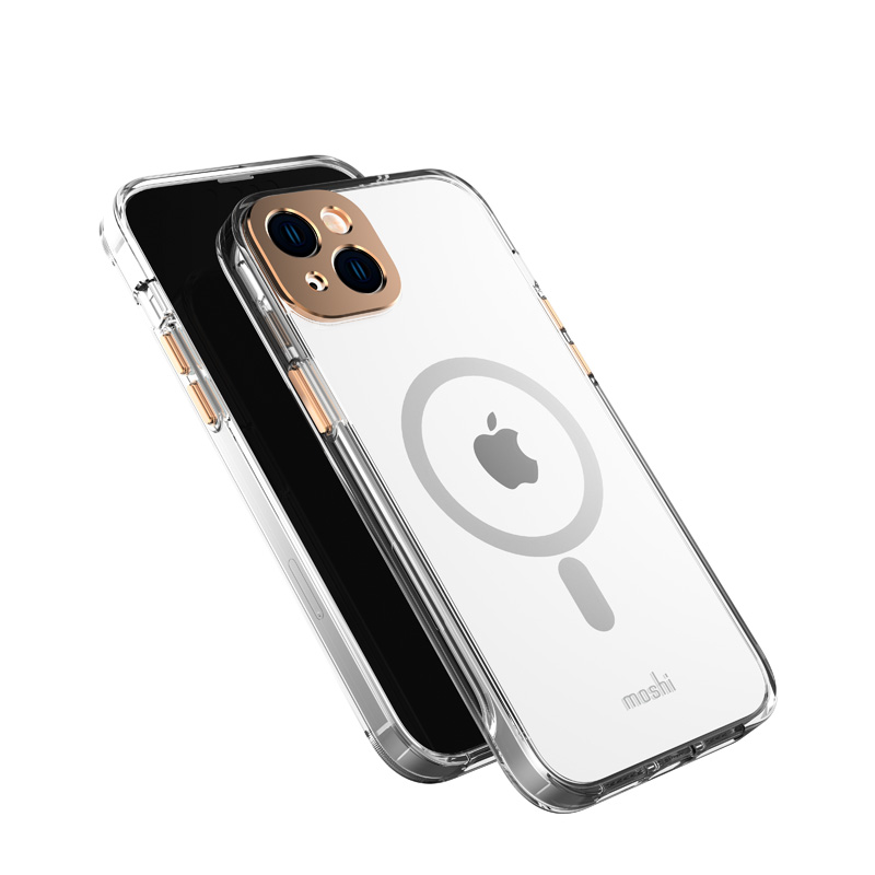 Moshi iGlaze dėklas, skirtas iPhone 14 Plus, suderinamas su MagSafe, skaidrus su „Sunset Gold“ spalvos detalėmis