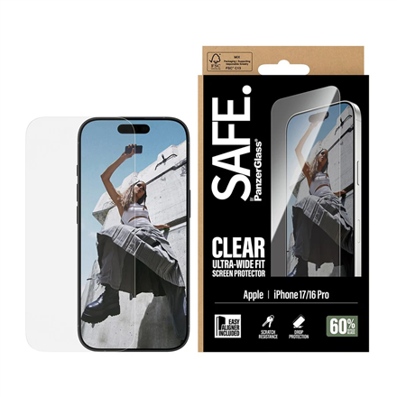PanzerGlass Ultra-Wide Fit – Ultra-Wide Fit skaidrus ekrano apsauginis stiklas, skirtas Apple iPhone 16 Pro / iPhone 17, su EasyAligner montavimo rėmeliu