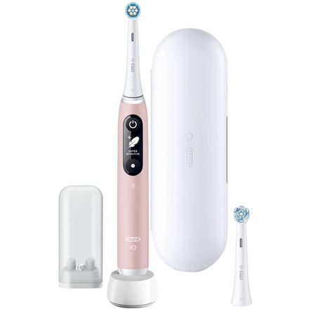 Oral-B dantų šepetėlis + kelioninis dėklas iO6, įkraunamas, suaugusiems, įtrauktų šepetėlio galvučių skaičius: 1, dantų valymo režimų skaičius: 5, rožinė