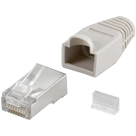 Goobay 68746 RJ45 kištukas, CAT 5e STP ekranuotas su įtempimo apsauga, pilkas, skirtas apvaliam laidui, su įvedimo kilpa 6.4 mm, pakuotas po vieną (1 rinkinys viename maišelyje) Techninės specifikacijos Jungtys Jungtis, tipas RJ45 kištukas (8P8C) Jungtis, kontaktas
