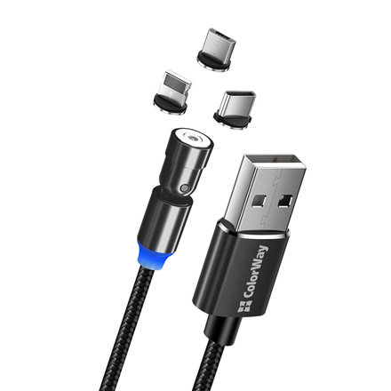 ColorWay CW-CBUU037-BK – 1 m 3-in-1 magnetinis kabelis su 540° pasukamomis Lightning, Micro-USB ir USB-C jungtimis, 2,4 A