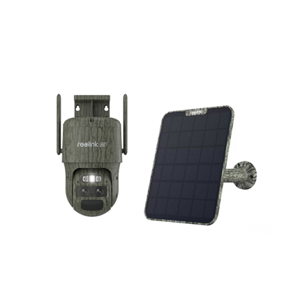 Reolink TrackMix Series G770 Camouflage B4GTMXPT4K09SPC – 4G LTE 4 MP dviejų objektyvų akumuliatorinė PTZ kamera su „Solar Panel 2“, 2.8 mm F1.6 objektyvu, IP65, H.264/H.265, „microSD“ iki 256 GB