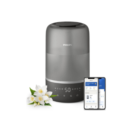 Philips увлажнитель воздуха HU1510/03 Series 1000, 19.6 Вт, объём резервуара для воды 3 л, для помещений до 41 м², ультразвуковой, производительность увлажнения 275 мл/ч, серый/серебристый